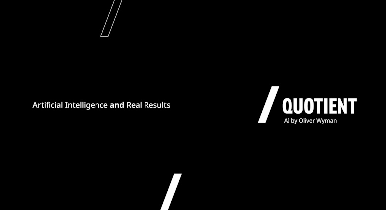ideo thumbnail with text 'Artificial Intelligence and Real Results' and Oliver Wyman Quotient AI logo on black background.